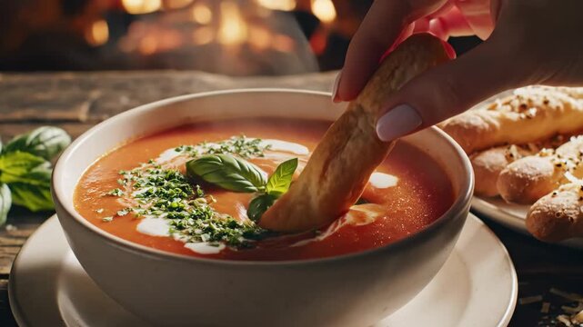 Creamy Tomato Soup with Breadsticks - A bowl of creamy tomato soup is topped with fresh basil and herbs, with a hand dipping a breadstick into the soup.