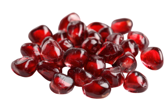 Jewel-toned Pomegranate Seeds: A close-up showcases a pile of glistening, ruby-red pomegranate seeds, each a tiny burst of flavor, offering a glimpse of the fruit's vibrant heart.