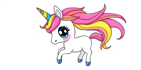 Obraz premium A whimsical unicorn with rainbow mane and horn, large eyes, and a flowing tail, ready for coloring, animal, sweet