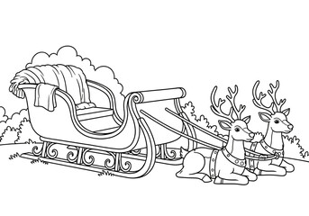 Christmas sleigh with two reindeer resting outdoors in outline style