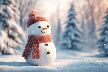 Cheerful snowman with red hat and scarf in a magical snowy forest.