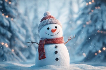 Whimsical snowman amidst falling snow and twinkling lights, winter magic.