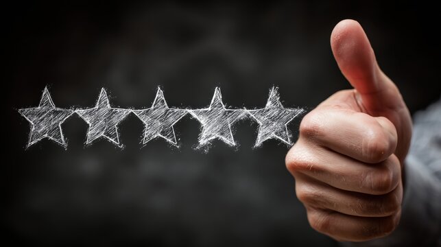 Five hand-drawn chalk stars next to a hand giving a thumbs-up gesture