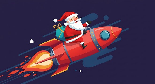 Santa Claus riding a rocket with a gift bag Christmas red blue fire speed travel holiday celebration winter illustration cartoon