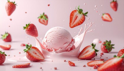Ice cream with strawberries and splash milk on pink gradient background