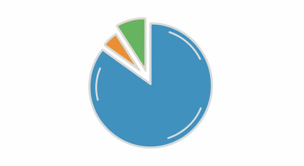 Simple blue pie chart with small orange and green slices on a white background, representing data and growth.
