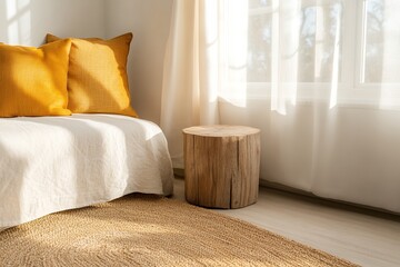 A minimalist bedroom features a linen bed with mustard pillows, a jute rug, and a rustic wooden side table