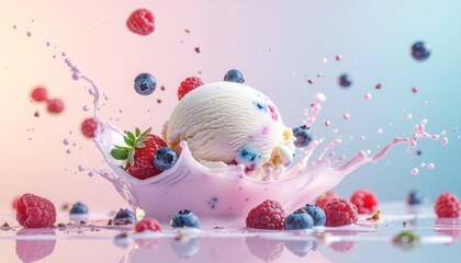Berries ice cream on pastel gradient background with splash milk and berries fruit 