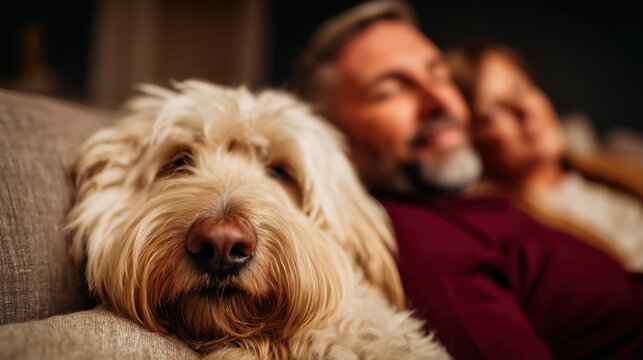Close-up of a shaggy dog sleeping on a sofa with a relaxed couple in the background