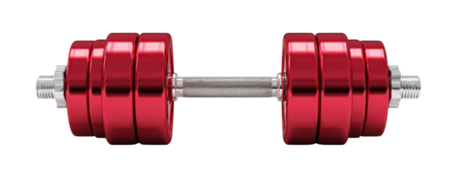 Strength in Steel: A close-up studio shot presents a sleek, red dumbbell, symbolizing power and the dedication to physical fitness. The vibrant hue contrasts with the steel.