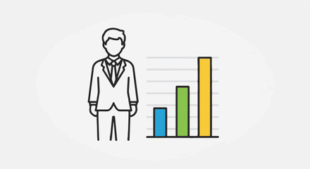 Professional man stands beside a growing bar chart illustrating positive business growth and success.