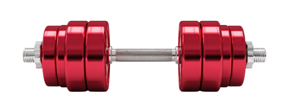Strength in Steel: A close-up studio shot presents a sleek, red dumbbell, symbolizing power and the dedication to physical fitness. The vibrant hue contrasts with the steel.