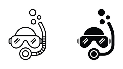 Diving mask and snorkel with bubbles, shown as an outline and filled icon, symbolizing underwater exploration, summer vacation, and sport