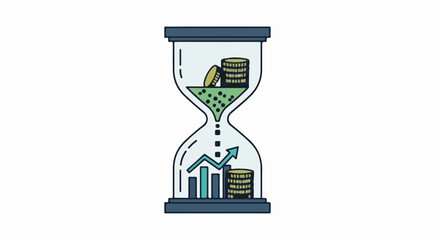 Hourglass symbolizes financial growth and the passage of time with coins and charts.