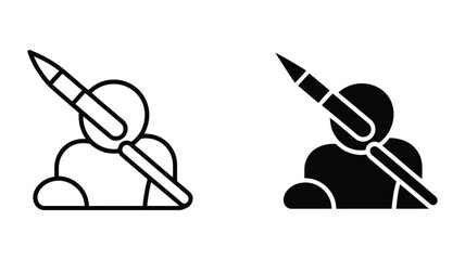 Person writing with a pen or stylus icon representing creativity, authoring, designing, editing, content creation, education, and digital artistry in outline and solid styles