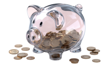 Investment Insights: A clear piggy bank brimming with coins, representing savings and financial planning for future success.