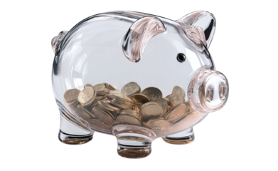 Transparent Piggy Bank filled with Coins: A close-up shot of a transparent piggy bank, brimming with coins, representing savings, finance, and investment.