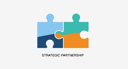 Two colorful puzzle pieces interlocking, symbolizing teamwork and strategic partnership.