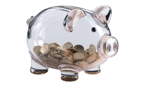 Transparent Piggy Bank filled with Coins: A close-up shot of a transparent piggy bank, brimming with coins, representing savings, finance, and investment.
