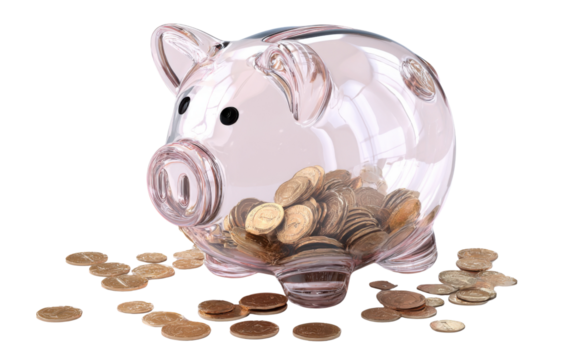 Financial Prosperity: A transparent piggy bank overflows with a collection of coins, representing savings, financial stability, and the accumulation of wealth.