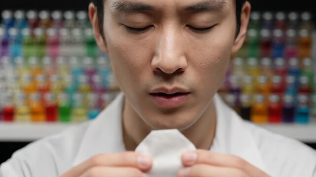Perfumer in white coat evaluates a new essential oil, eyes closed while sniffing a scent test strip in a lab setting, concentrating on fragrance development and quality control