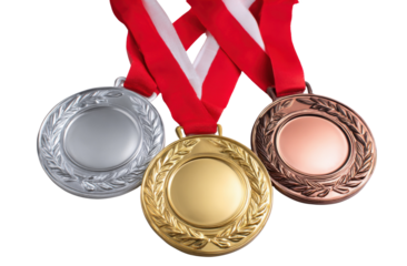 Triumphant Trio: A close-up view presents a gold, silver, and bronze medal, suspended by red ribbons, symbolizing achievement and competition.