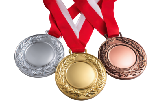 Triumphant Trio: A close-up view presents a gold, silver, and bronze medal, suspended by red ribbons, symbolizing achievement and competition.