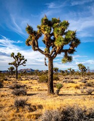 Desert Landscape with Joshua Trees Under a Blue Sky in Daytime with Yellow Field and Mountains