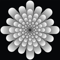 A digitally rendered flower with layers of rounded petals in grayscale against a black background
