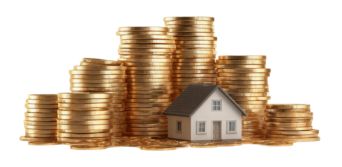 Homeownership and Financial Growth: Illustrating the convergence of property ownership and financial prosperity, this image showcases a model home nestled amid towering stacks of gold coins.