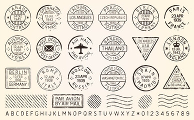 Vintage Travel Stamps Grunge Postage Stamp Set. Old Destination Post Stamp Collection. Retro Grunge Postmark. Vintage Grunge Postage Stamp. Postal Vector Illustration Image. Isolated On Background.