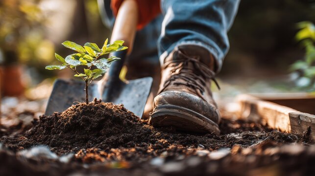 Close-up of a person wearing boots planting a seedling with a garden shovel
