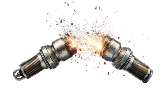 Spark Ignition: Capturing the intense moment of spark ignition, two metallic spark plugs erupt in a dynamic display of energy and technological prowess. - Powered by Adobe