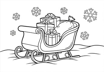 Christmas sleigh filled with presents and snowflakes in winter landscape outline