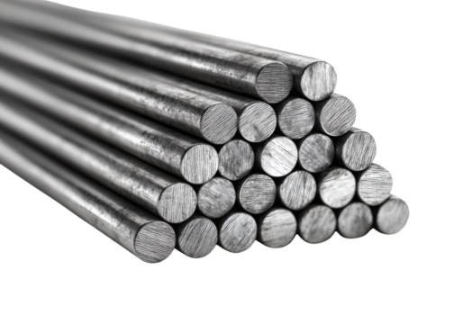 Steel Rods: A close-up shot of several cylindrical steel rods stacked together, illustrating the strength and industrial use of this versatile material.