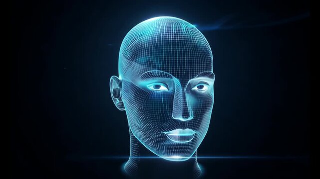 A digital wireframe of a human head glowing in blue, symbolizing AI, virtual reality, and technological advancements. 4k Video footage