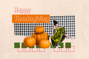 Full image pop contemporary photo collage of happy duchess girl walk pumpkin thanksgiving day celebration occasion postcard