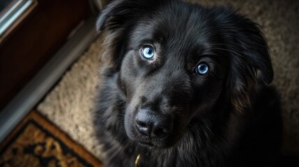 Dog Looks up With Loyalty and Love in Bright Setting While Sitting on Cozy Rug Indoors