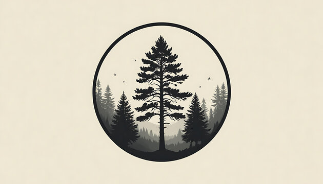 Minimalist Black and White Forest Scene with Solo Tree in Circular Frame