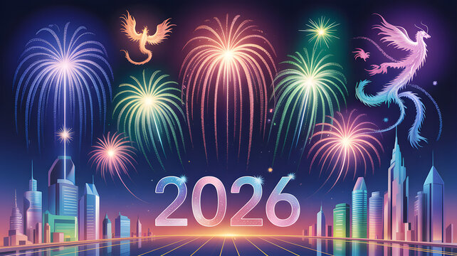 Vibrant new year s eve fireworks display illuminates futuristic cityscape with mythical phoenixes and the year 2026