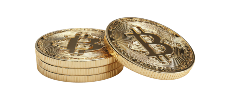 Digital Gold: Two golden Bitcoin coins, symbols of a financial revolution, rest against each other. Highlighting the future of finance.
