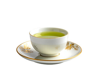 Fine porcelain cup & saucer hold bright green tea, against black background