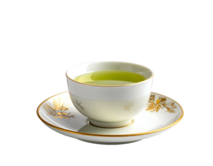 Fine porcelain cup & saucer hold bright green tea, against black background