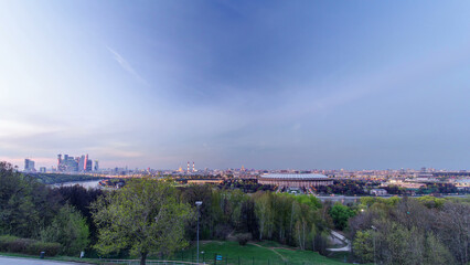 Obraz premium Panoramic aerial view of Moscow City, Russia, from Sparrow Hills day to night timelapse