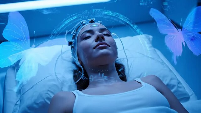 Young woman with eeg headset lying in a futuristic medical bed, experiencing a vivid dream or simulation in virtual reality with glowing butterflies and light effects