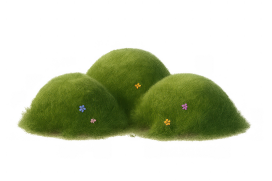 Grouping of soft, fluffy green cartoon hills featuring small colorful flowers, offering a playful nature element on a transparent background