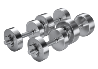 Metallic Dumbbell Duo: Gleaming dumbbells arranged, symbolizing fitness, strength, and the pursuit of a healthy lifestyle. Highlighting the power of exercise and physical well-being.