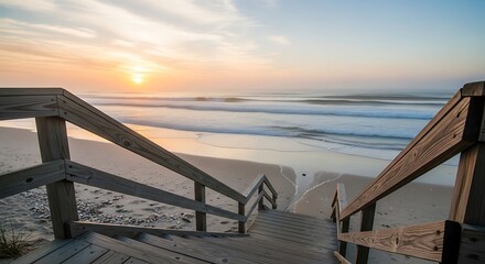 Coastal transition, wooden stairs leading to a peaceful beach at dawn, painting a serene seascape
