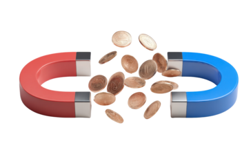 Magnet attracting Coins: A vibrant visual representing the powerful attraction of a magnet, drawing in a collection of coins, symbolizing financial growth and prosperity.