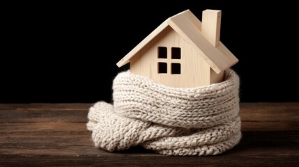 Miniature wooden house wrapped in a knitted scarf on a dark background